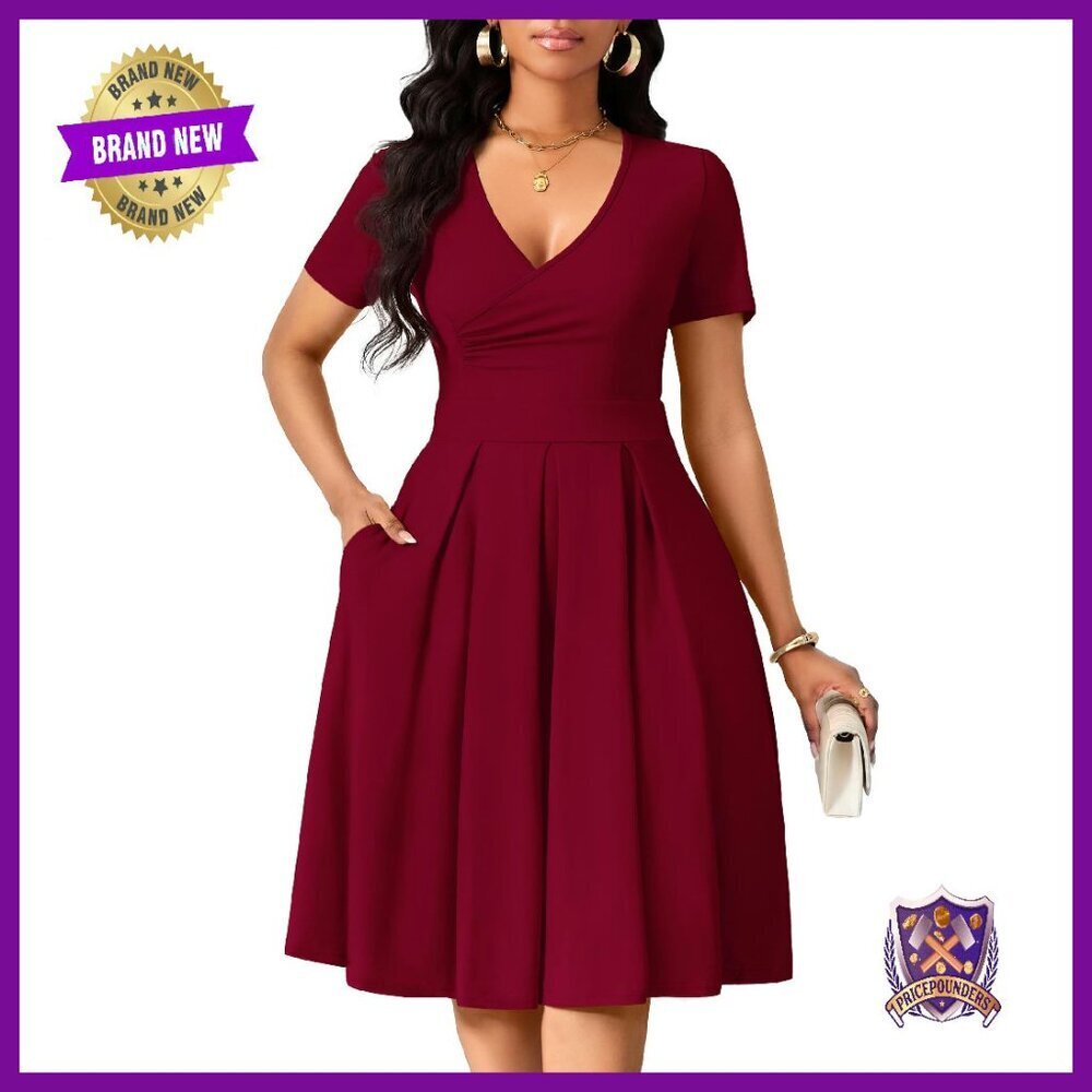 Women's Casual Wrap Dress with Pockets Short Sleeve A-Line Swing V-Neck